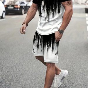 3D Pattern Print, 2Pcs Outfits For Men, Casual Crew Neck Short Sleeve T-shirt Te